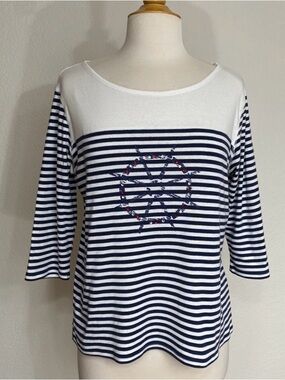 3/$25 Palm Grove Women Navy Off White Stripes Nautical 3/4 Sleeve T-Shirt Size M